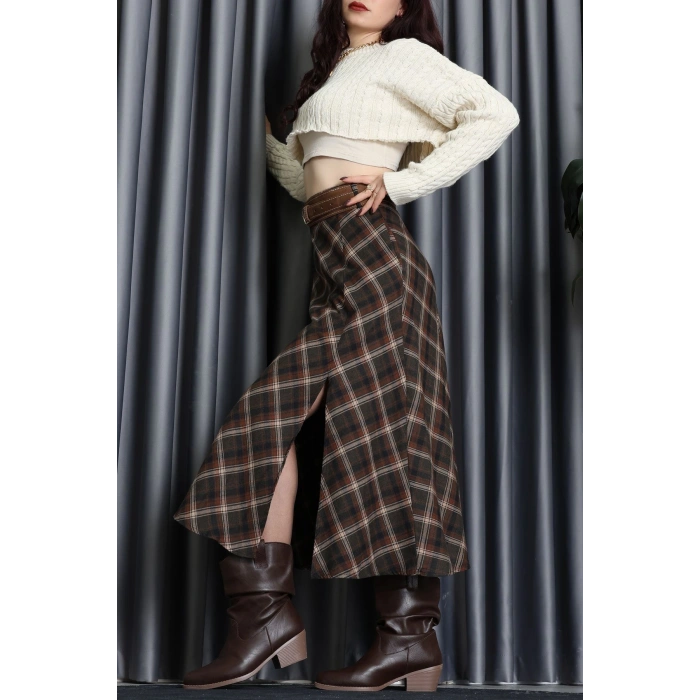 Ekose Kemerli Etek Kahve - 3365.1995.