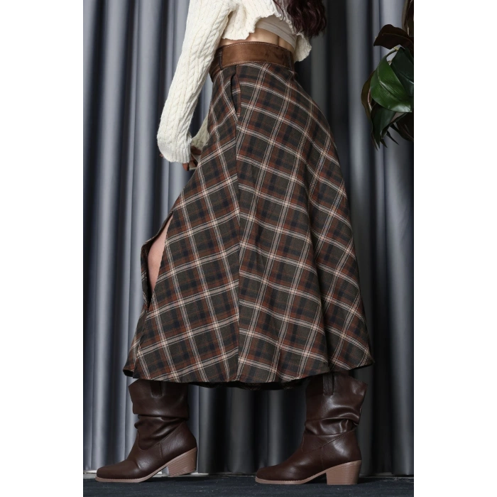 Ekose Kemerli Etek Kahve - 3365.1995.