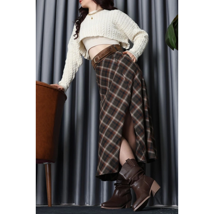 Ekose Kemerli Etek Kahve - 3365.1995.