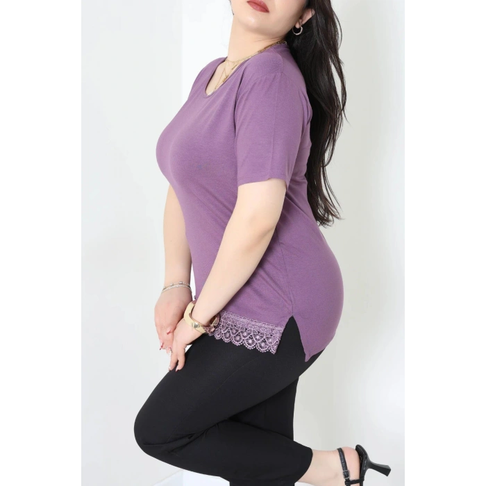 Eteği Dantelli Büyük Beden Viskon Bluz Lila - 71468.2080.
