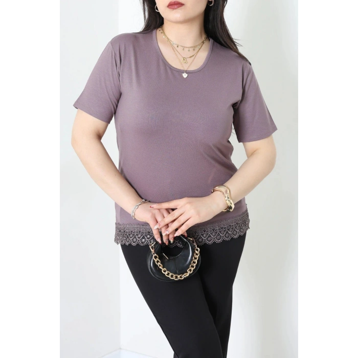 Eteği Dantelli Büyük Beden Viskon Bluz Vizon - 71468.2080.