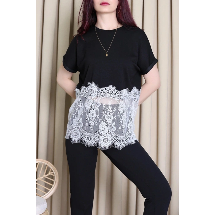 Eteği Dantelli Modal Tişört Siyah - 44025.2135.