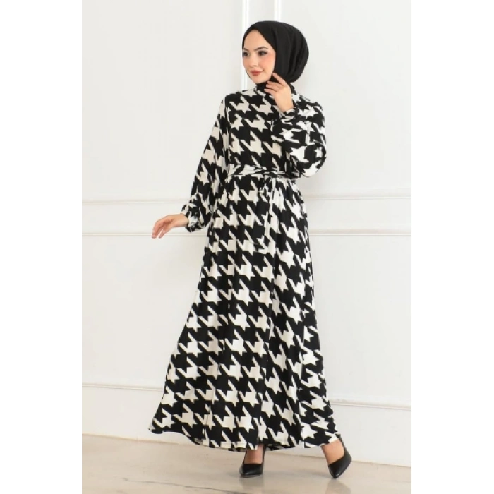 Eteği Kloş Desenli Elbise EKRU SİYAH