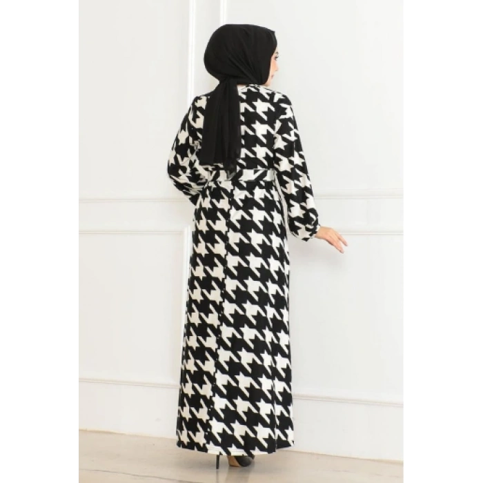 Eteği Kloş Desenli Elbise EKRU SİYAH