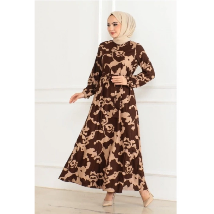 Eteği Kloş Desenli Elbise KAHVE VİZON