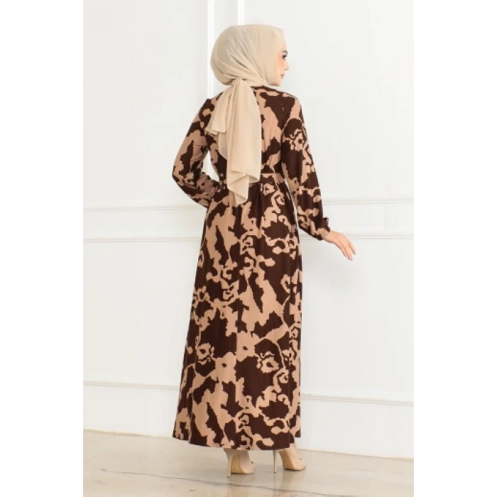 Eteği Kloş Desenli Elbise KAHVE VİZON