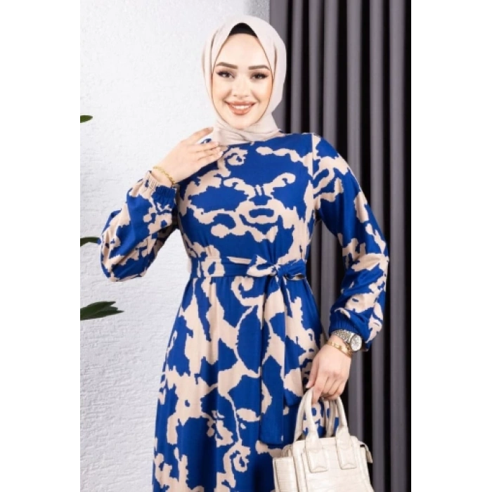 Eteği Kloş Desenli Elbise LACİVERT VİZON