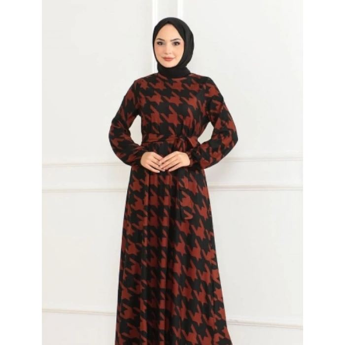 Eteği Kloş Desenli Elbise TABA SİYAH
