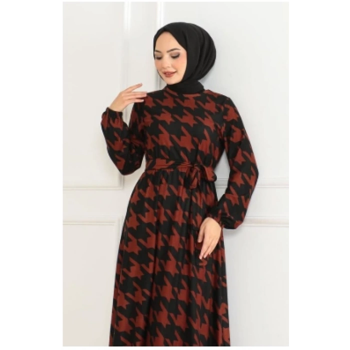 Eteği Kloş Desenli Elbise TABA SİYAH