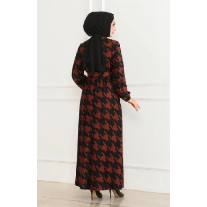 Eteği Kloş Desenli Elbise TABA SİYAH