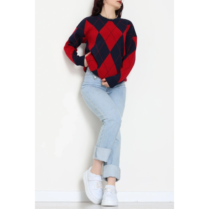 Etnik Desen Triko Lacivertkırmızı - 3027.1577.