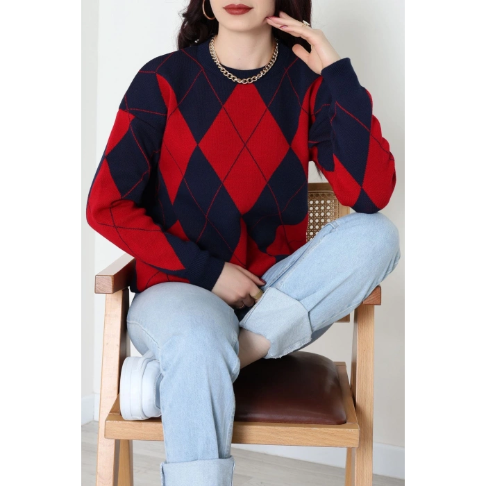 Etnik Desen Triko Lacivertkırmızı - 3027.1577.