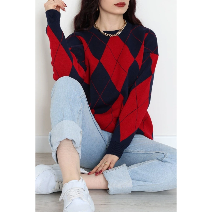 Etnik Desen Triko Lacivertkırmızı - 3027.1577.