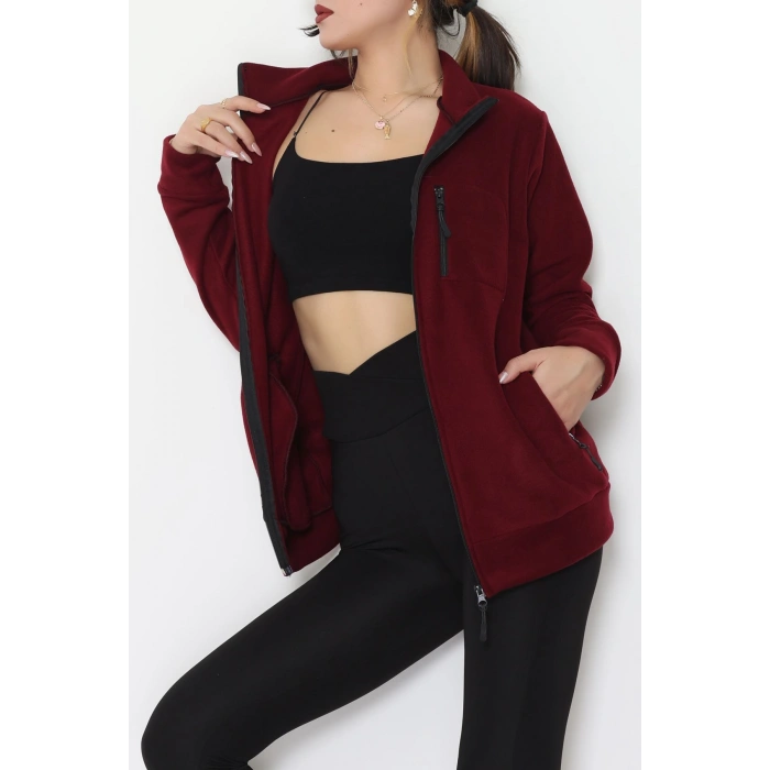 Fermuarlı Dik Yaka Polar Ceket Bordo - 52113.053.
