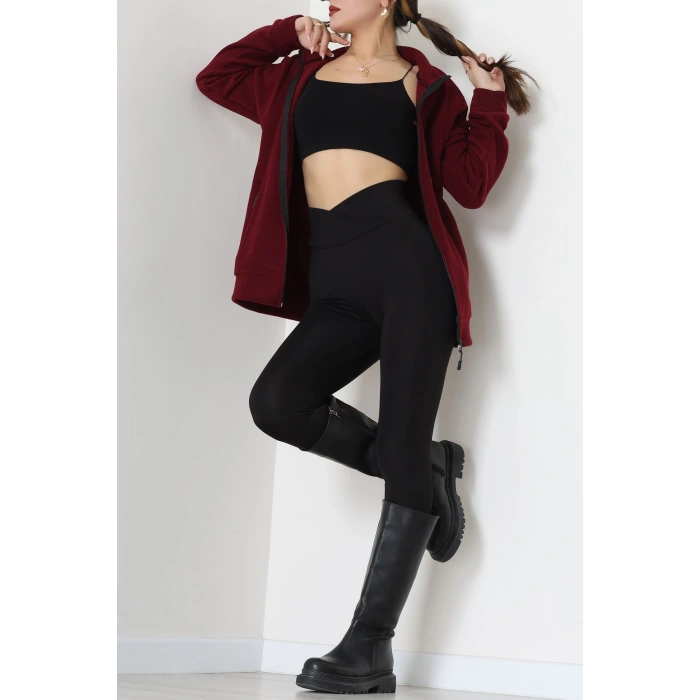 Fermuarlı Dik Yaka Polar Ceket Bordo - 52113.053.