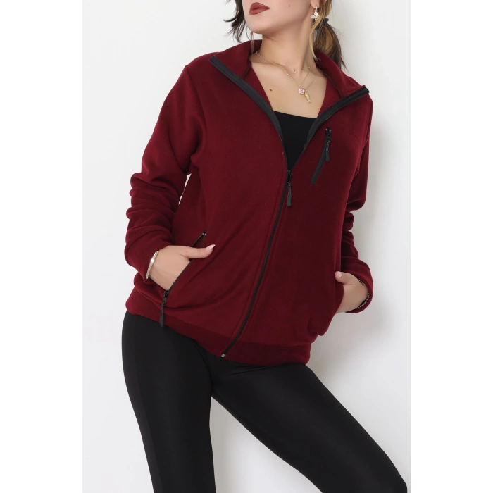 Fermuarlı Dik Yaka Polar Ceket Bordo - 52113.053.