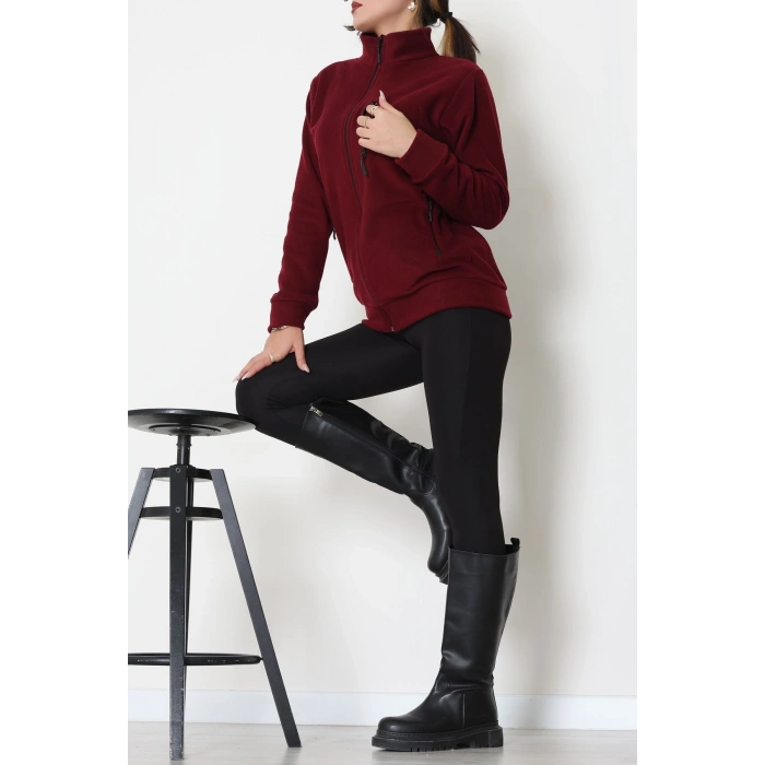 Fermuarlı Dik Yaka Polar Ceket Bordo - 52113.053.