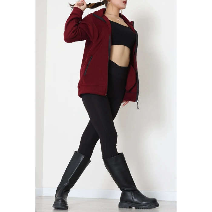 Fermuarlı Dik Yaka Polar Ceket Bordo - 52113.053.