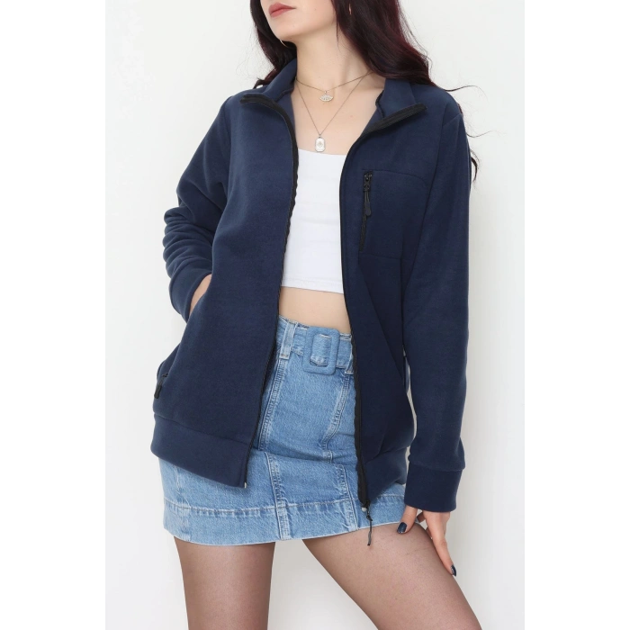 Fermuarlı Dik Yaka Polar Ceket Lacivert - 52113.053.