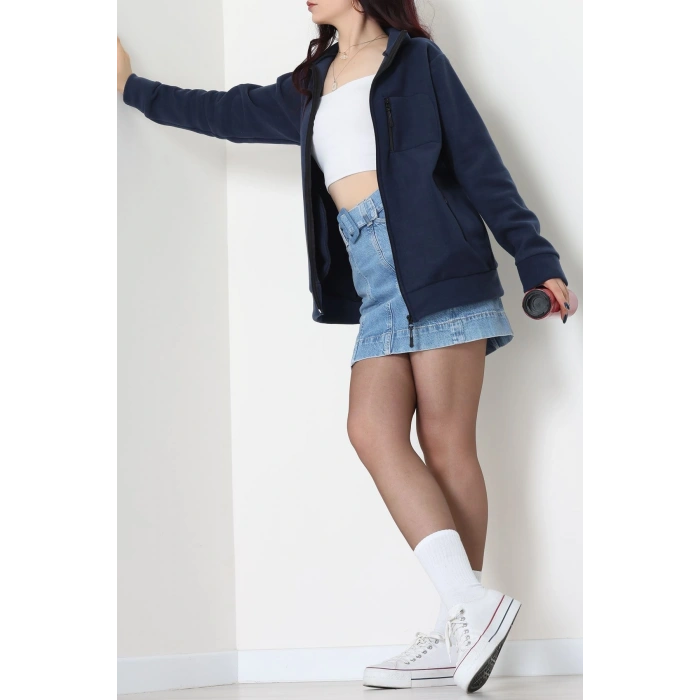 Fermuarlı Dik Yaka Polar Ceket Lacivert - 52113.053.