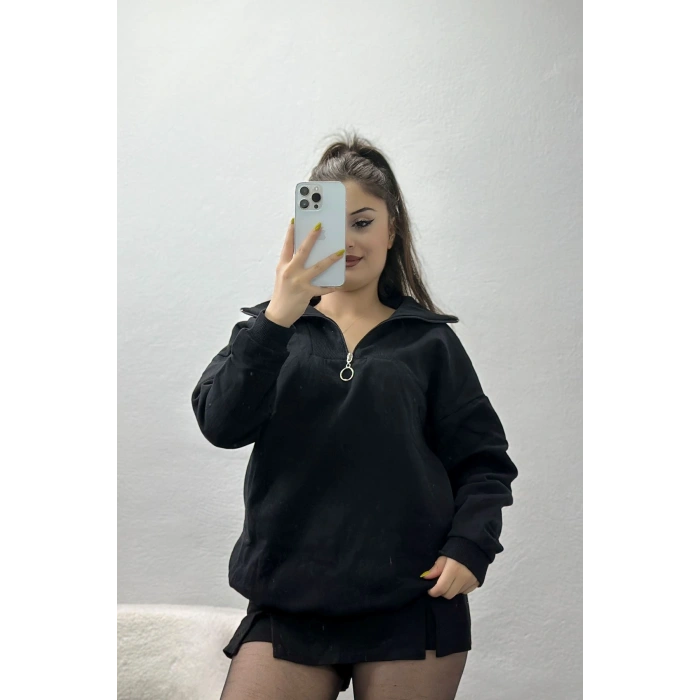 Fermuarlı İki İplik Şardonlu Sweat Siyah - 21389.200.