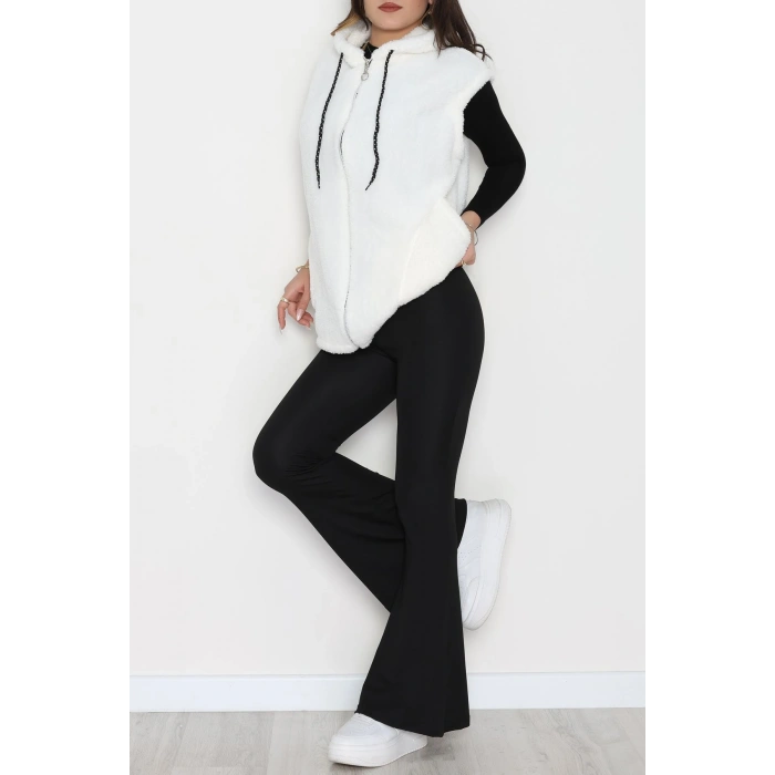Fermuarlı Kapşonlu Peluş Yelek Beyaz - 51059.701.