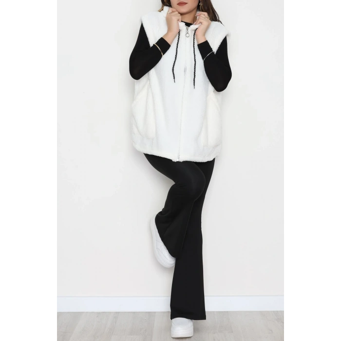 Fermuarlı Kapşonlu Peluş Yelek Beyaz - 51059.701.