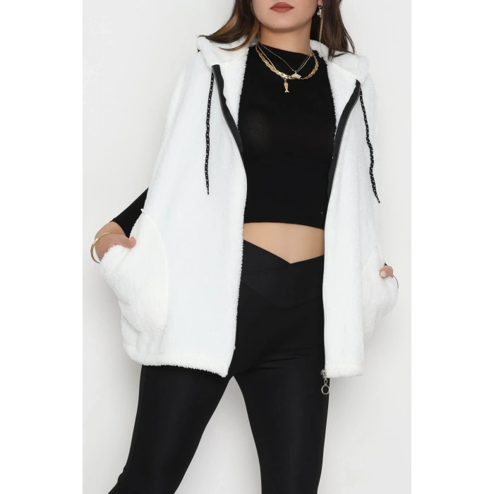 Fermuarlı Kapşonlu Peluş Yelek Beyaz - 51059.701.