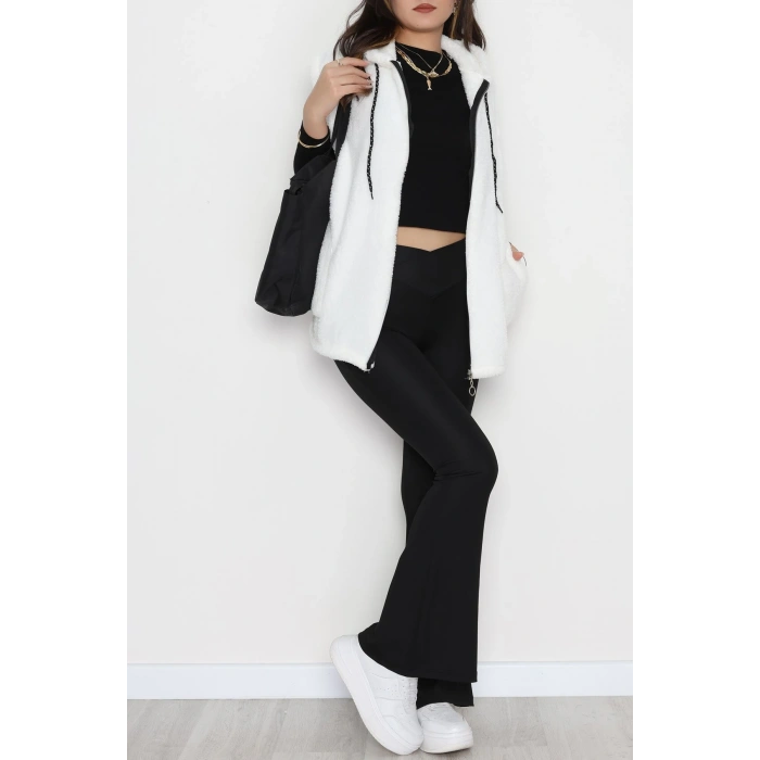 Fermuarlı Kapşonlu Peluş Yelek Beyaz - 51059.701.