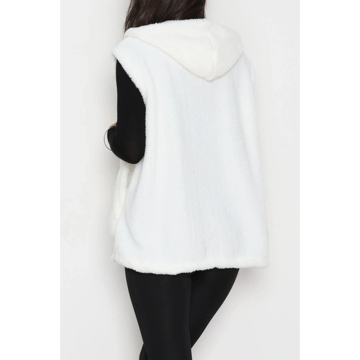 Fermuarlı Kapşonlu Peluş Yelek Beyaz - 51059.701.