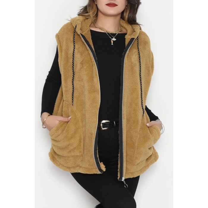 Fermuarlı Kapşonlu Peluş Yelek Camel - 51059.701.