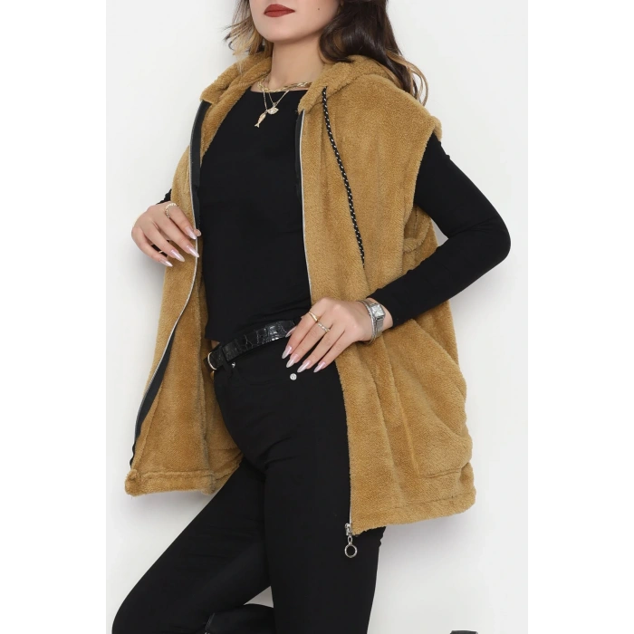 Fermuarlı Kapşonlu Peluş Yelek Camel - 51059.701.