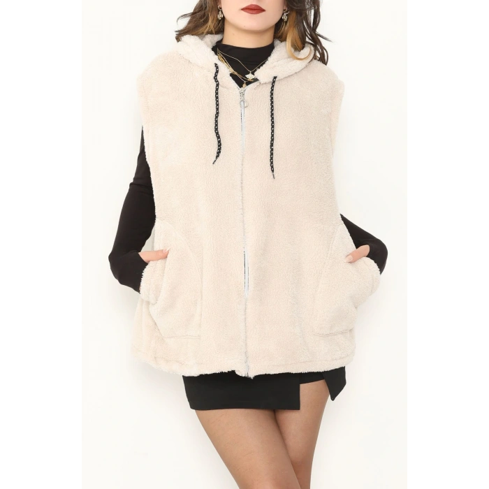 Fermuarlı Kapşonlu Peluş Yelek Taş - 51059.701.