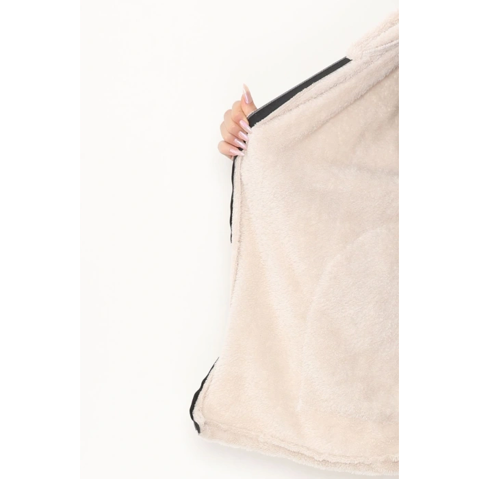 Fermuarlı Kapşonlu Peluş Yelek Taş - 51059.701.