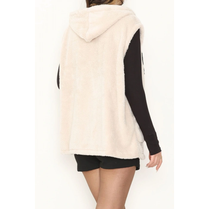 Fermuarlı Kapşonlu Peluş Yelek Taş - 51059.701.