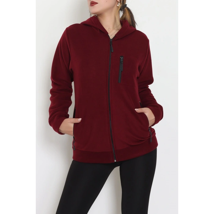 Fermuarlı Kapşonlu Polar Ceket Bordo - 52114.053.