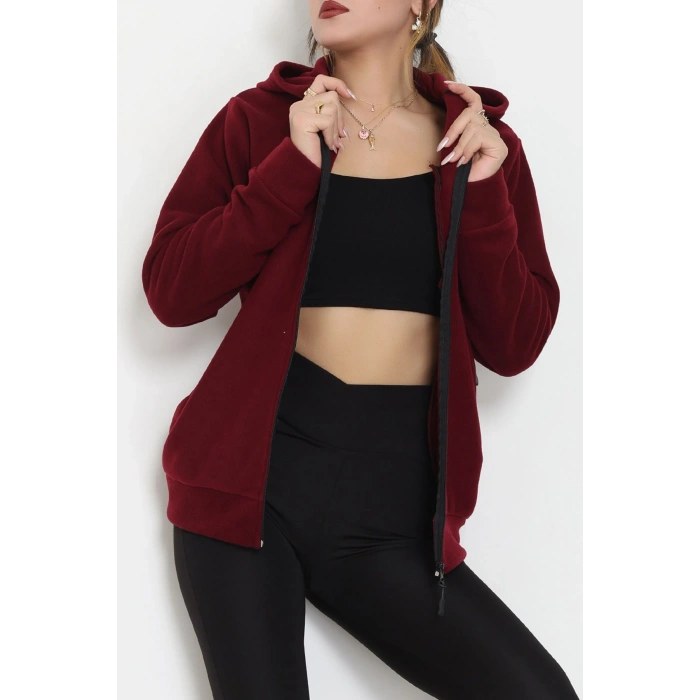 Fermuarlı Kapşonlu Polar Ceket Bordo - 52114.053.