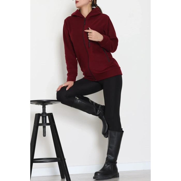Fermuarlı Kapşonlu Polar Ceket Bordo - 52114.053.