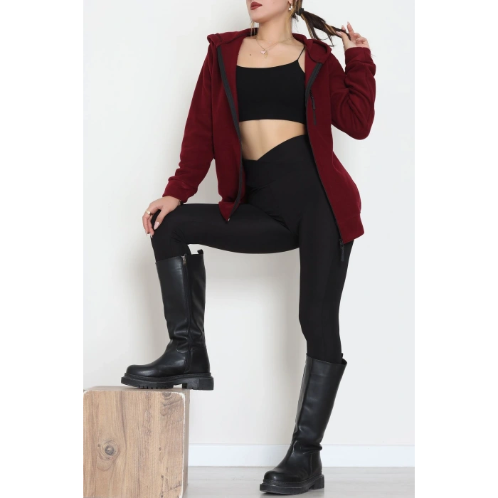 Fermuarlı Kapşonlu Polar Ceket Bordo - 52114.053.