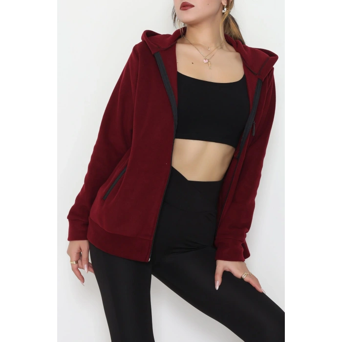 Fermuarlı Kapşonlu Polar Ceket Bordo - 52114.053.