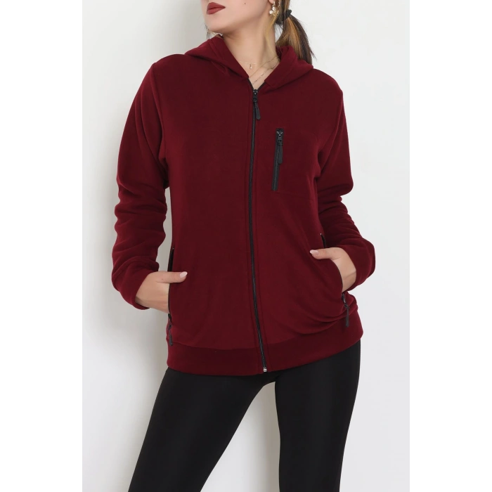 Fermuarlı Kapşonlu Polar Ceket Bordo - 52114.053.