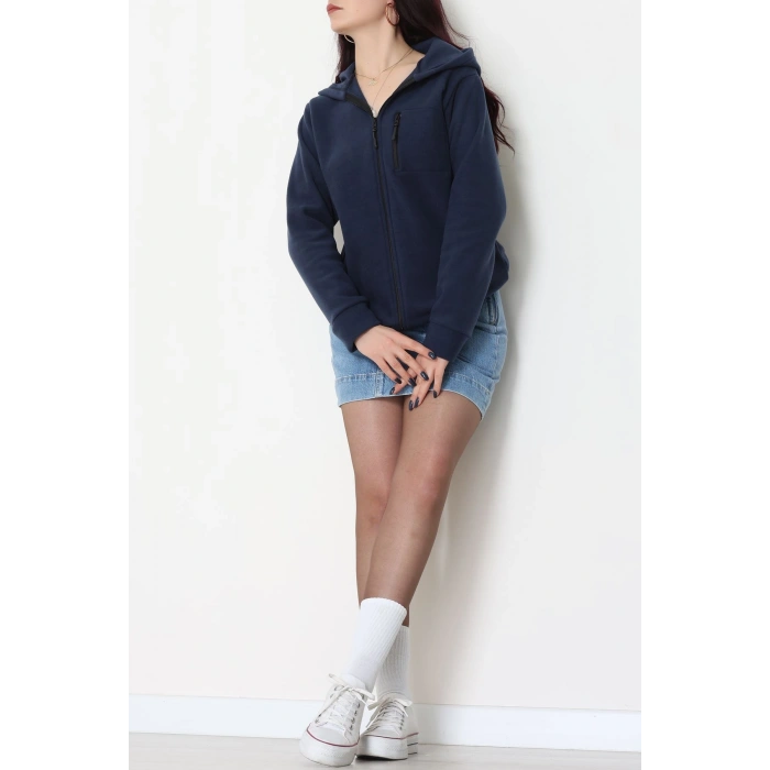 Fermuarlı Kapşonlu Polar Ceket Lacivert - 52114.053.