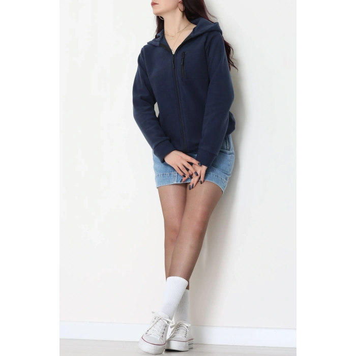 Fermuarlı Kapşonlu Polar Ceket Lacivert - 52114.053.