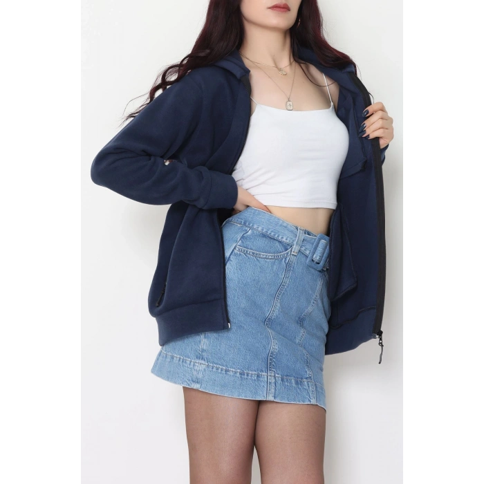 Fermuarlı Kapşonlu Polar Ceket Lacivert - 52114.053.