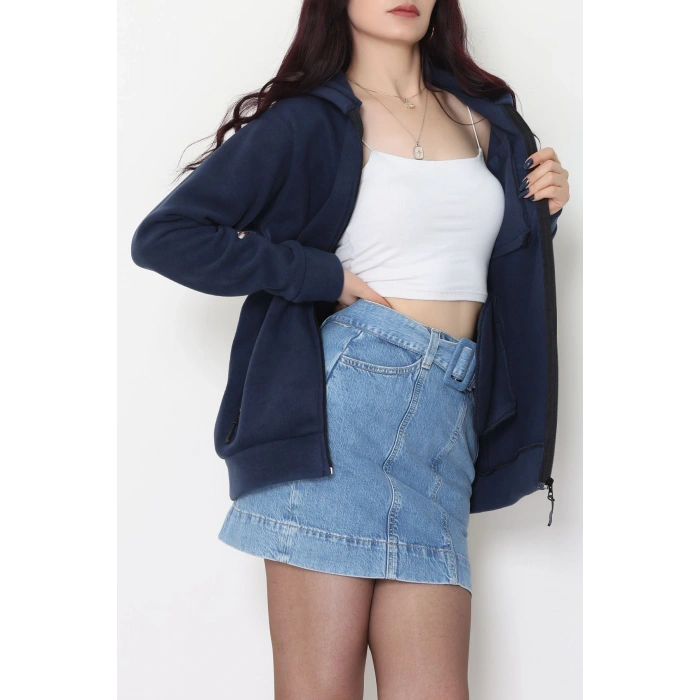 Fermuarlı Kapşonlu Polar Ceket Lacivert - 52114.053.