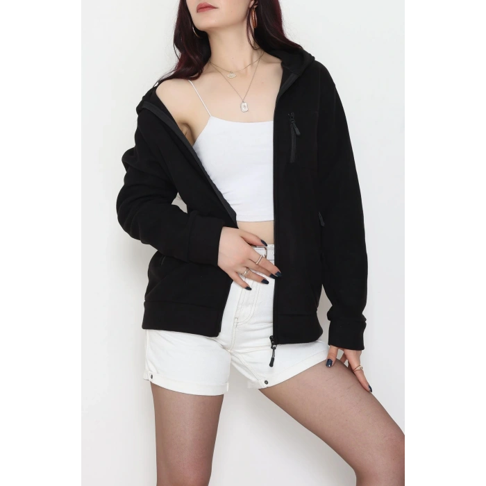 Fermuarlı Kapşonlu Polar Ceket Siyah - 52114.053.