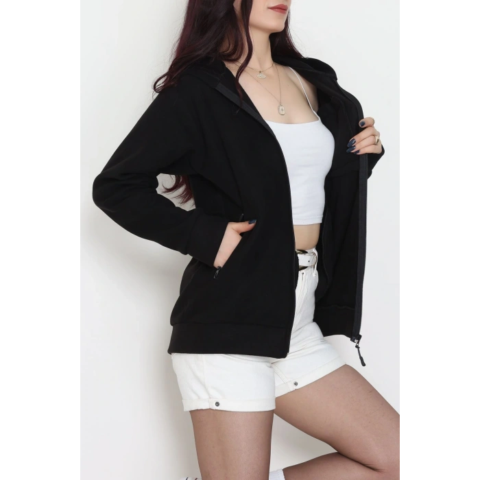 Fermuarlı Kapşonlu Polar Ceket Siyah - 52114.053.