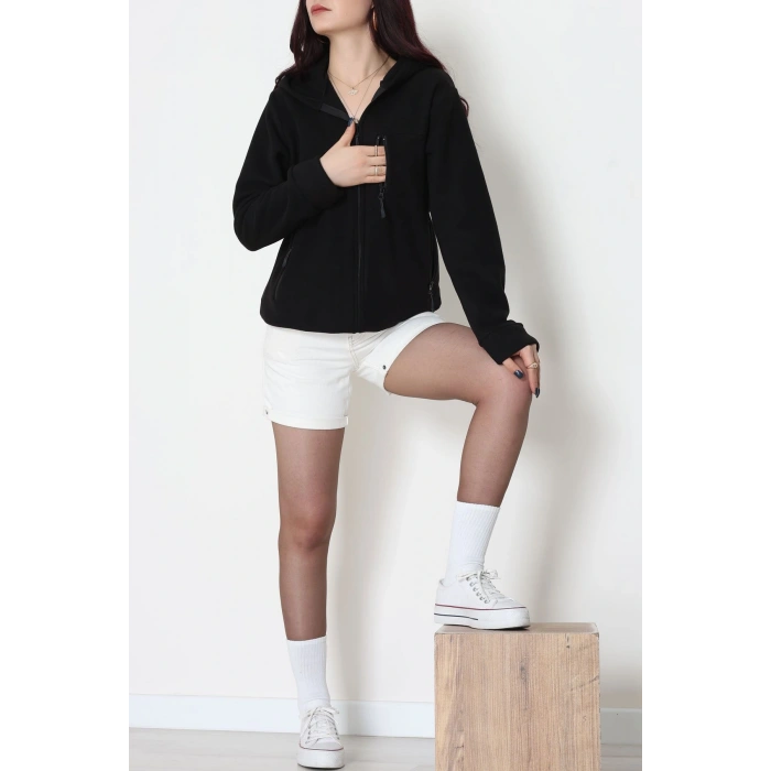 Fermuarlı Kapşonlu Polar Ceket Siyah - 52114.053.