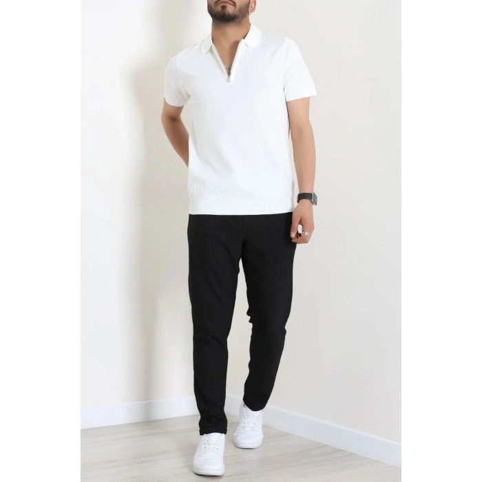 Fermuarlı Polo Yaka Tişört Beyaz - 71596.2167.