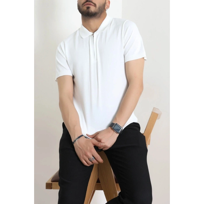 Fermuarlı Polo Yaka Tişört Beyaz - 71596.2167.